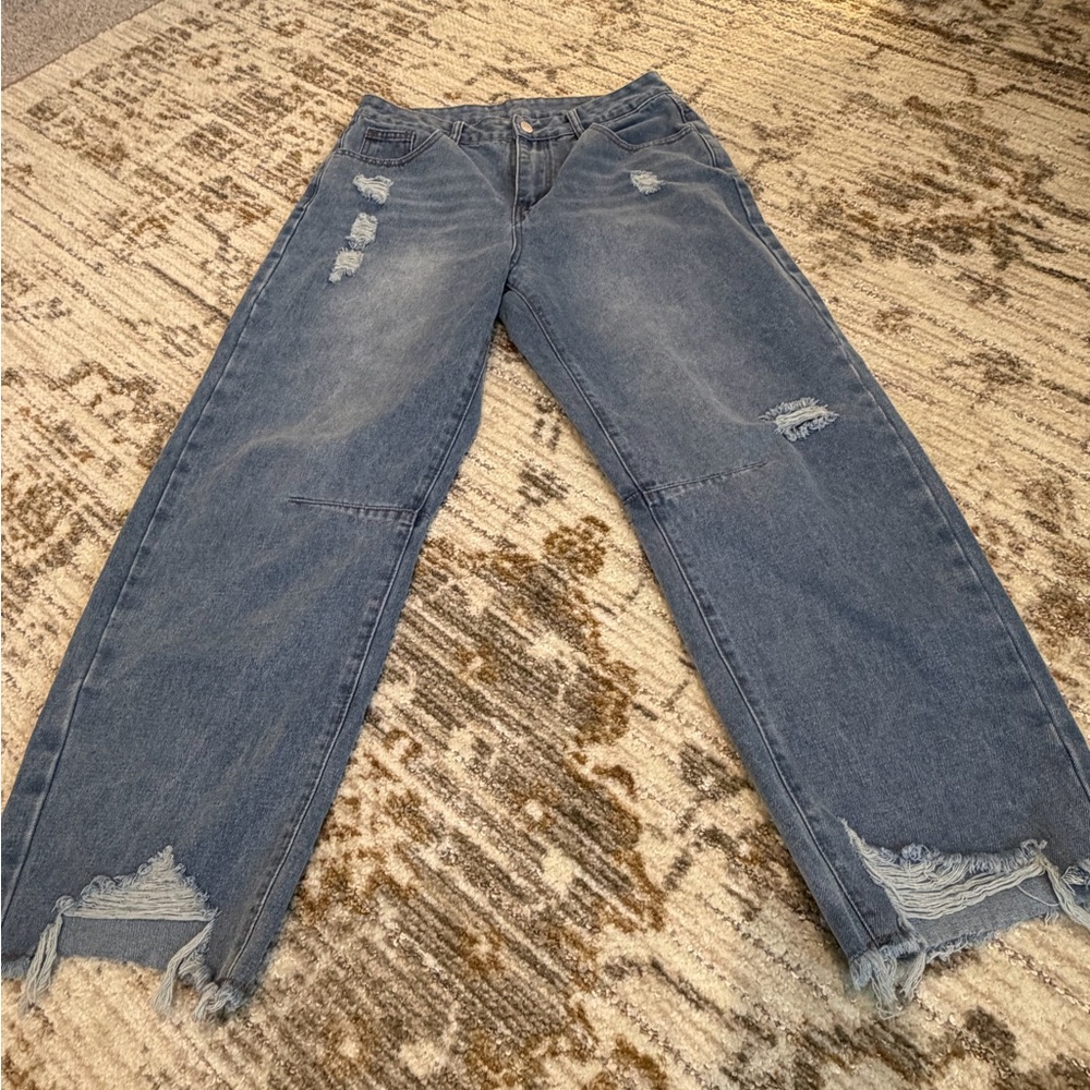 SHEIN Washed Blue Distressed Wide-Leg Jeans
